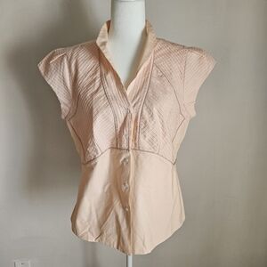 J Peterman SZ 14 Pintucked Cap Sleeve Fitted Button Blouse Pink Regency Retro